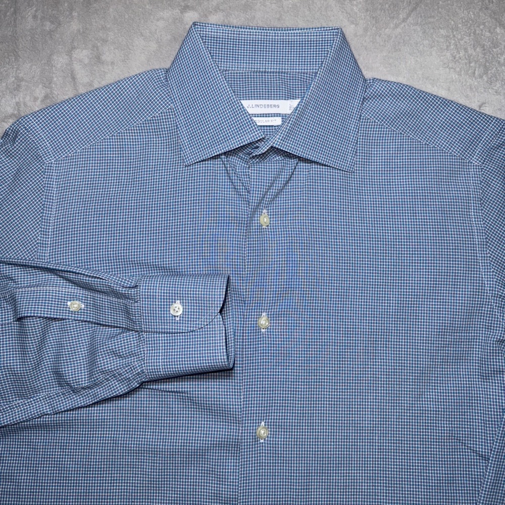 J Lindeberg Button Up Shirt Long Sleeve Regular Fit Blue‎ Micro Check Mens 38/15